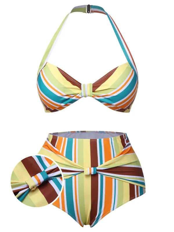 1930s Halter Contrast Stripes Swimsuit