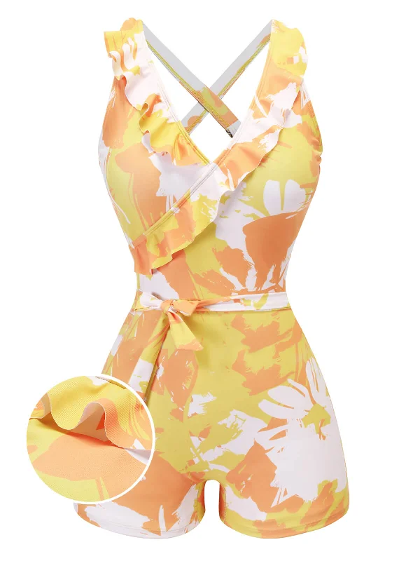 Yellow 1940s Painting Plants Lace-Up Swimsuit