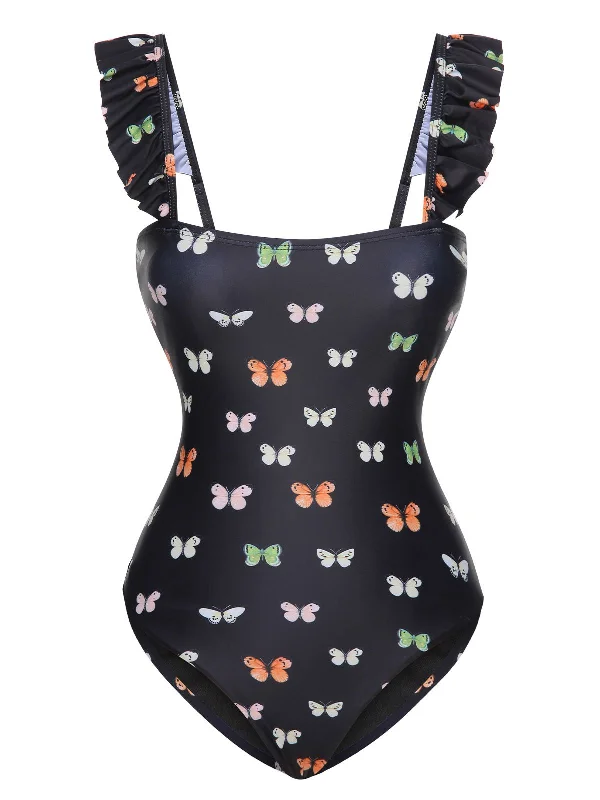 Black 1950s Butterfly Flare Sleeve One-Piece Swimsuit