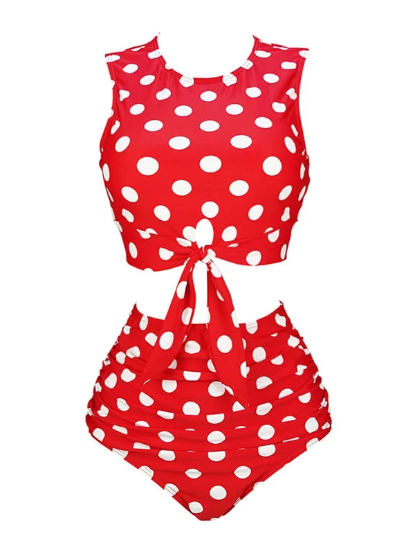 Red 1970s Polka Dots Waist Tie Swimsuit