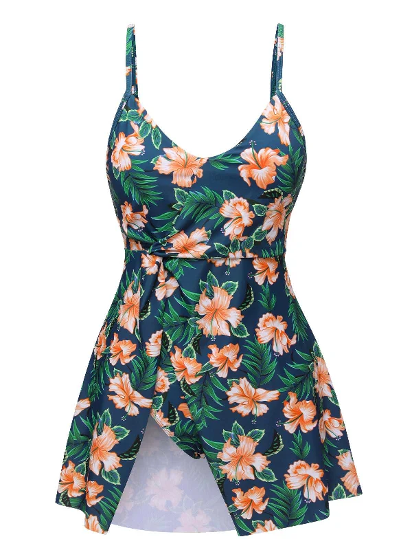 Green 1950s Spaghetti Strap Floral Swimsuit