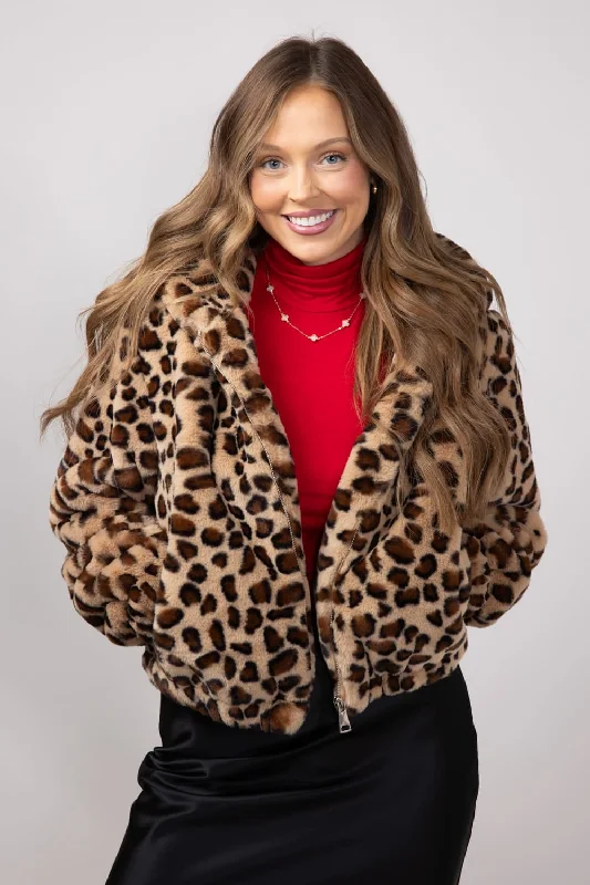 Fur Leopard Print Hooded Zip Up Jacket for Women in Animal Print | MAJ3053-LEOPARD