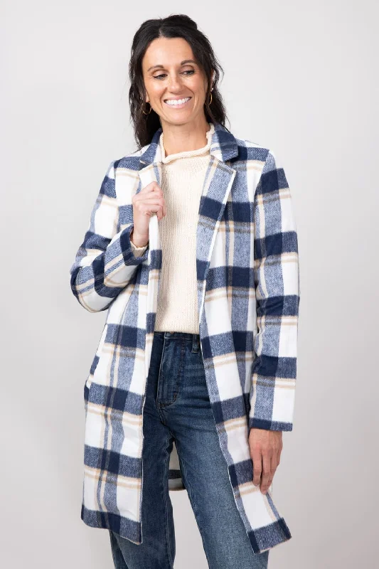 Love Tree Plaid Full Length Coat for Women in Navy | 80173JH-NAVY