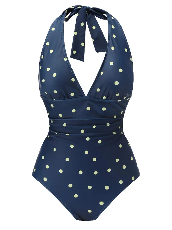 Blue 1960s Polka Dot Patchwork Halter Swimsuit