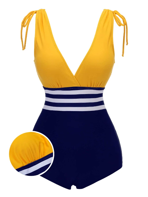 Yellow & Blue 1950s Striped Lace-Up Swimsuit