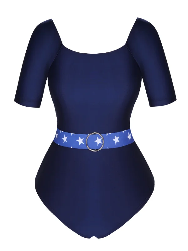 Dark Blue 1940s Stars One-Piece Swimsuit