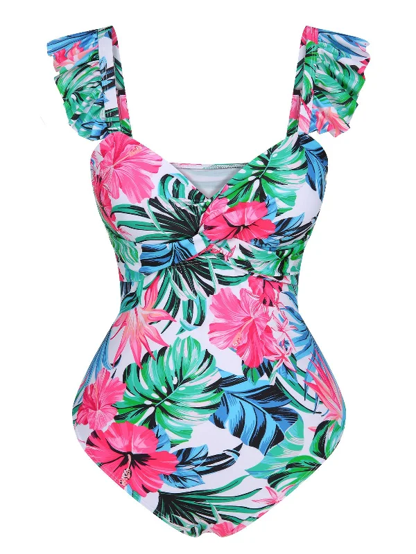 Multicolor 1960s Tropical Plants Ruffles Swimsuit