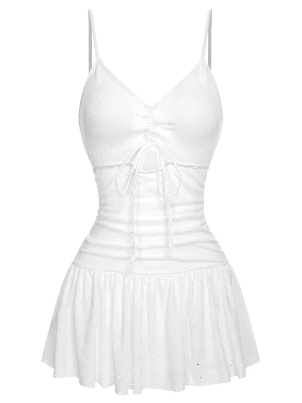 White 1960s Spaghetti Strap One-Piece Swimsuit