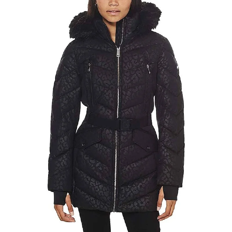 Michael Michael Kors Women Logo Leopard Belted Hooded Down Puffer Coat Black