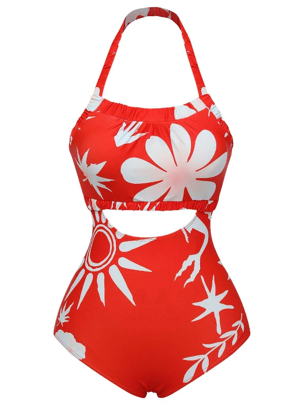 Red 1930s Halter Floral One-Piece Swimsuit