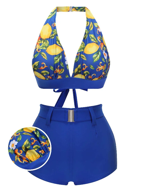 Blue 1930s Halter Lemon Belted Swimsuit