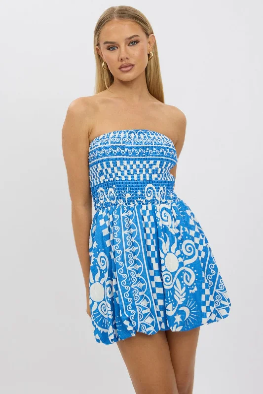 Blue Abstract Balloon Mini Dress Strapless