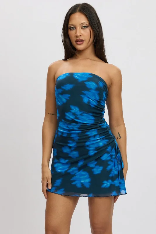 Blue Abstract Strapless Dress Mini Mesh