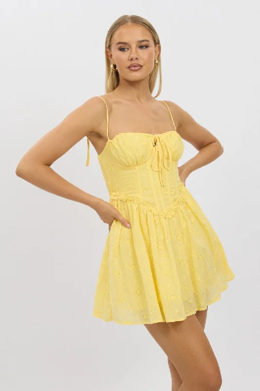 Yellow Fit And Flare Dress Mini Eyelet Fabric