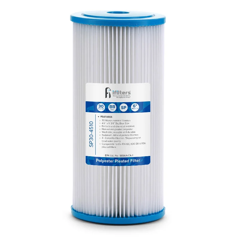 Sediment Pleated Water Filter City or Well Water, Washable 4.5" x 10", 30 Micron