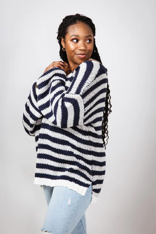 Miracle Striped V Neck Sweater for Women in Denim Combo | F183-DENIMCOMBO