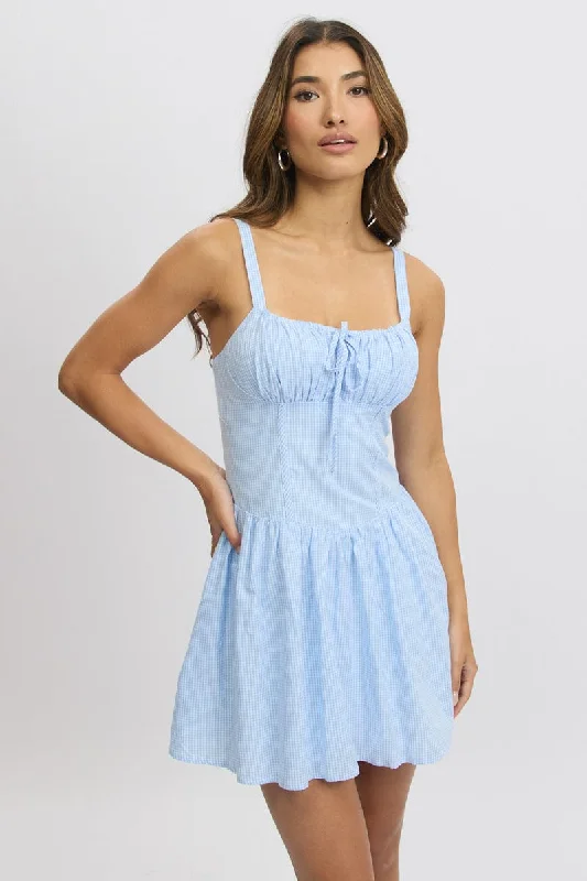 Blue Check Fit And Flare Dress Drop Waist Mini