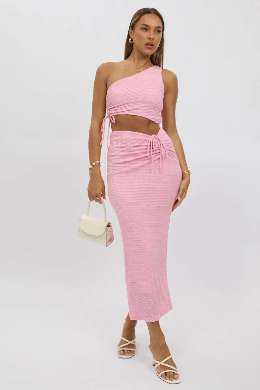 Pink Bodycon Dress One Shoulder Maxi