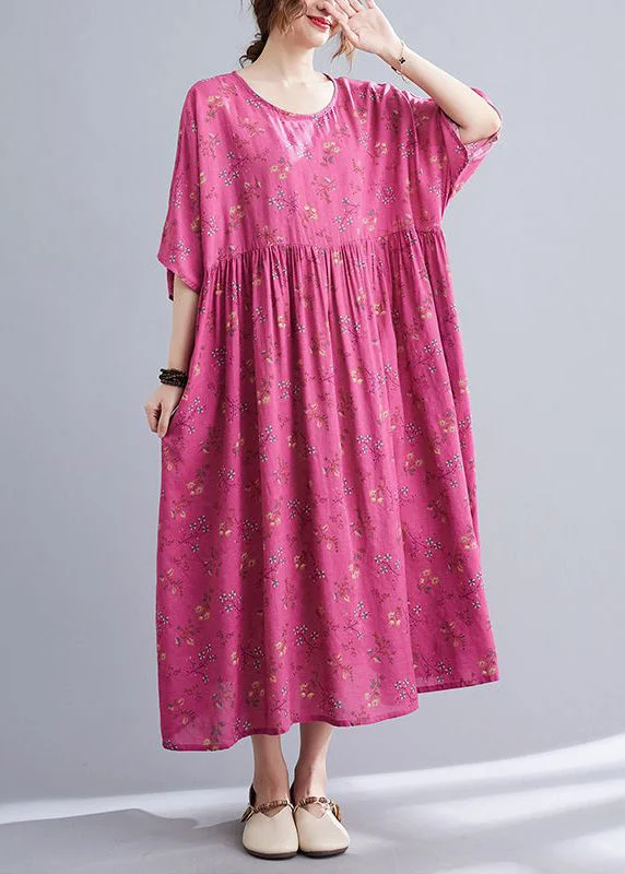 Plus Size Rose Print Pockets Cotton Long Dresses Summer