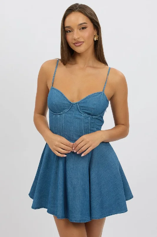 Blue Fit And Flare Dress Mini