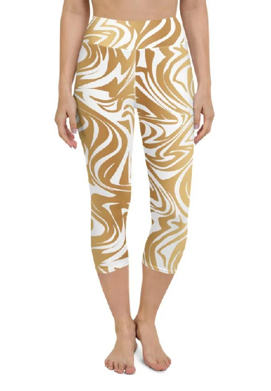 White & Gold Print Yoga Capris