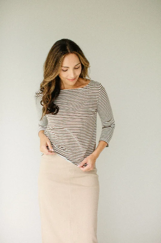 'Coco' Striped Cotton Quarter Sleeve Top in Brown