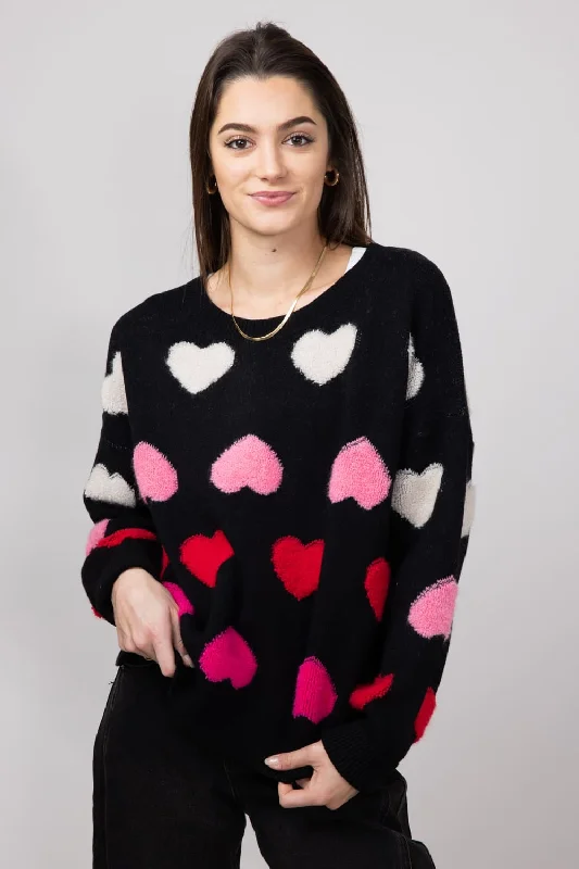 Miracle Multi Colored Hearts Sweater for Women in Black | W8378-BLACK