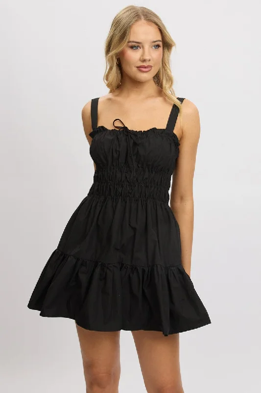 Black Fit And Flare Dress Mini Poplin