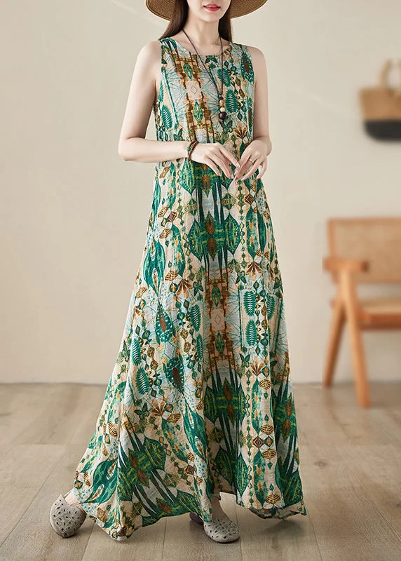 Handmade Green O-Neck Print Maxi Dresses Summer