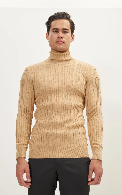 Roll Neck Ribbed Sweater - Camel