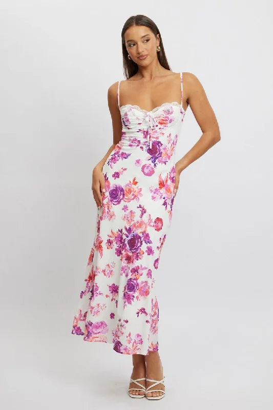 White Floral Maxi Dress Back Tie Satin