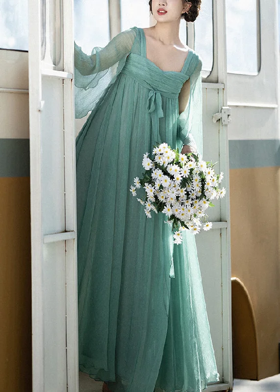 Classy Green Square Collar Wrinkled Lace Up Chiffon Dresses Summer