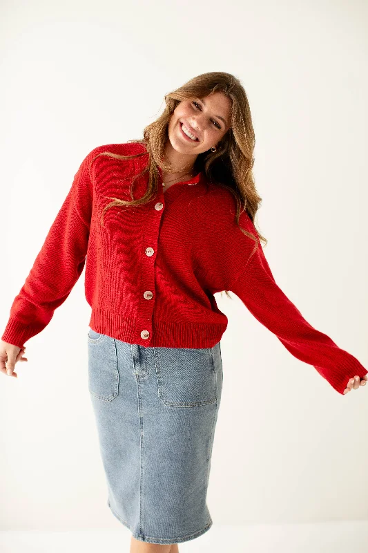 'Kandie' Button Down Cardigan in Red