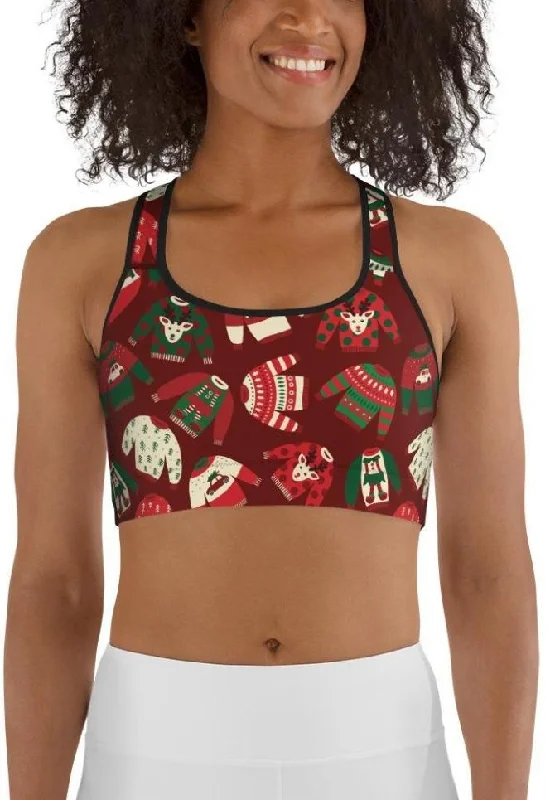 Ugly Christmas Sweater Pattern Sports Bra