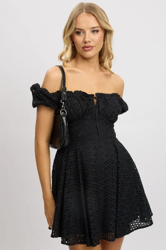 Black Fit And Flare Dress Mini Eyelet Fabric