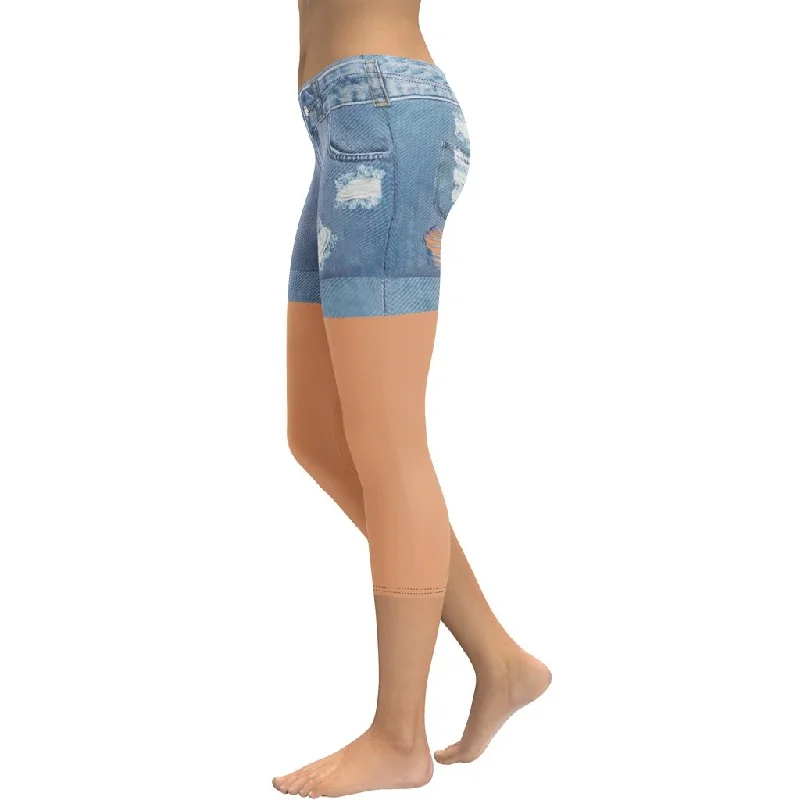 Tan Tone Denim Shorts Print Capris