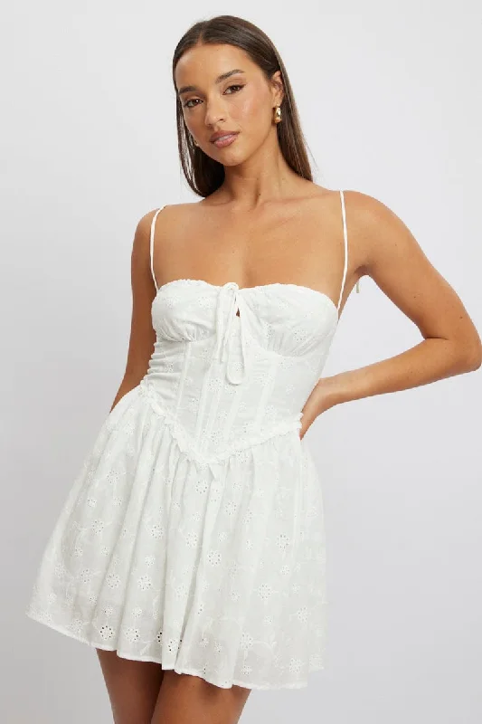 White Fit And Flare Dress Mini Eyelet Fabric