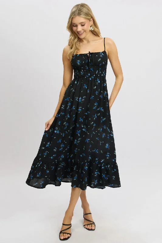 Black Floral Midi Dress Tiered Strappy