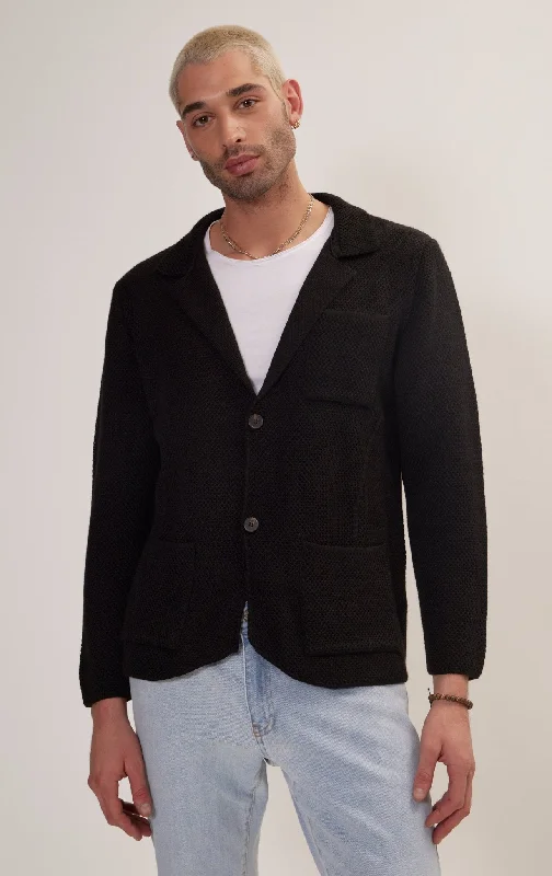 Knitted Notch Laper Fitted Blazer - Black