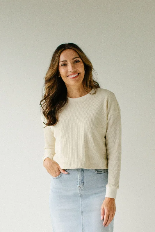 'Walker' Waffle Knit Cropped Long Sleeve Top in Cream