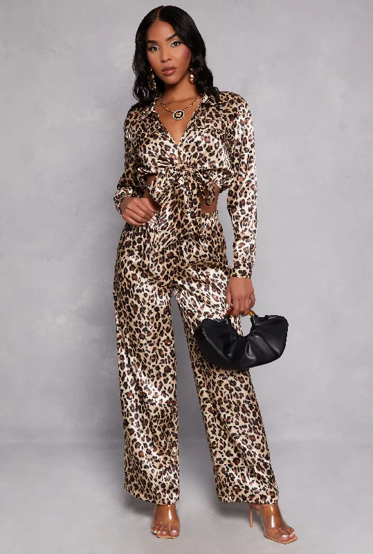 Satin Leopard Print Tie Front Top and Wide Leg Pants