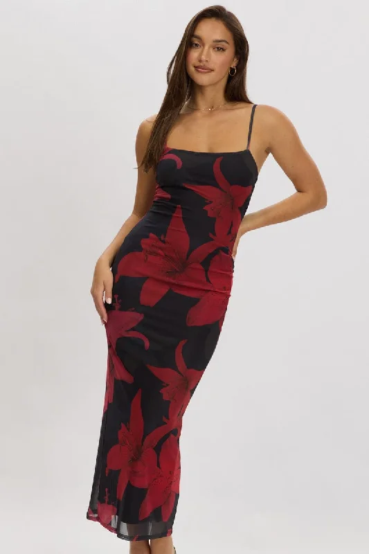 Black Floral Bodycon Dress Maxi Mesh