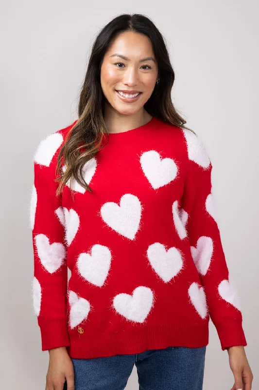 Simply Southern Fuzzy Heart Sweater for Women in Red | PP-0224-SWTR-FZY-VALRED