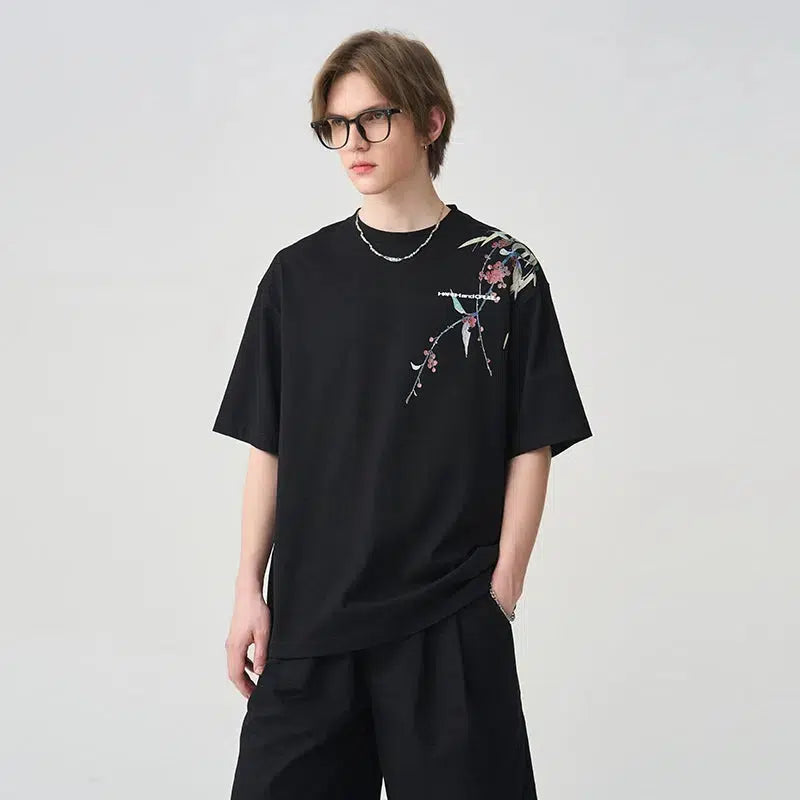 Over-the-shoulder Ink Floral Print T-shirt