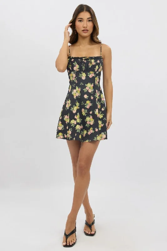 Black Floral Mini Dress Strappy