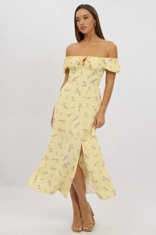 Yellow Floral Midi Dress Ruched Bust