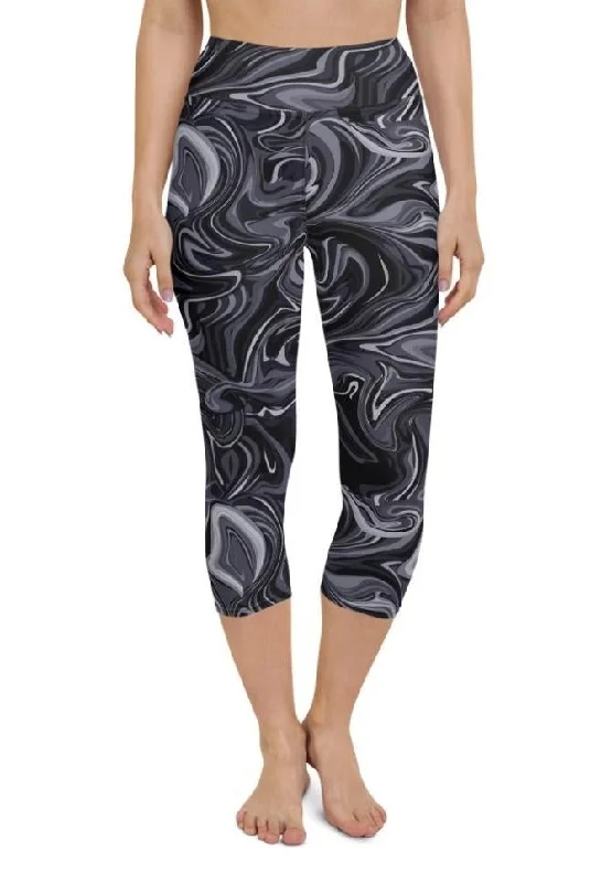 Dark Monochrome Marble Yoga Capris