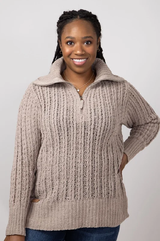 Simply Southern So Soft Quarter Zip Sweater for Women in Tan | PP-0224-SWTR-SOSFT-TAN