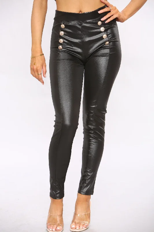 PU Gold Button Detail High Waist Leggings