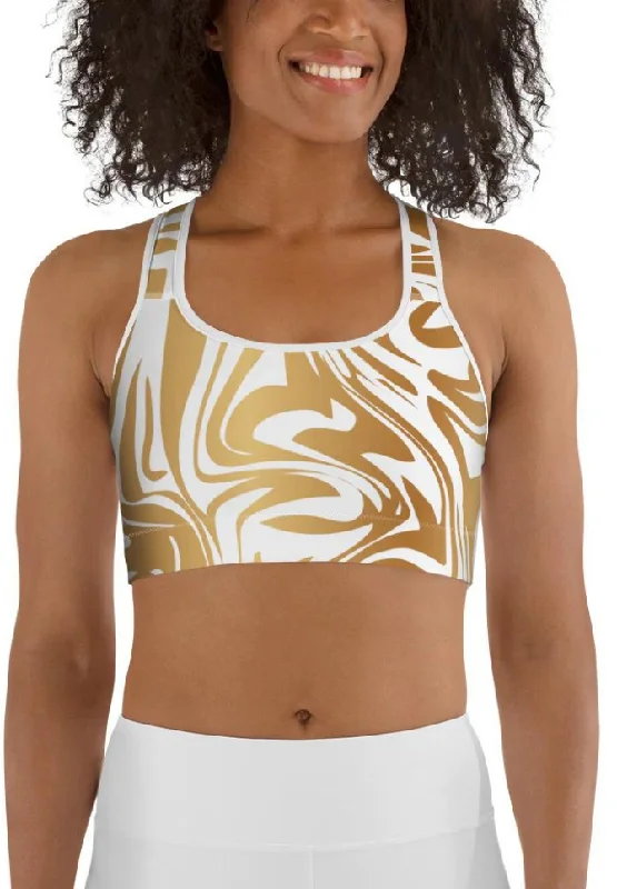 White & Gold Print Sports Bra